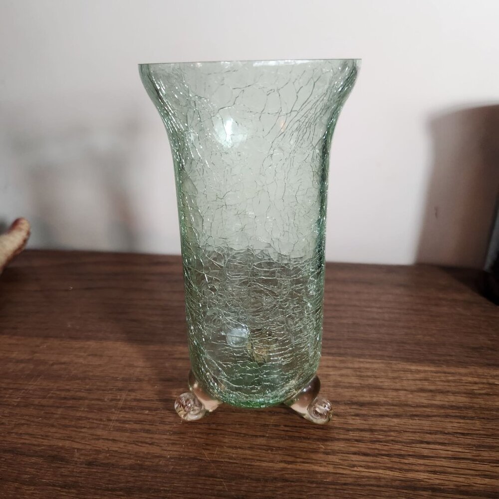 Vintage Watermelon Crackle Glass Vase With Applied Feet 7.5" Tall
